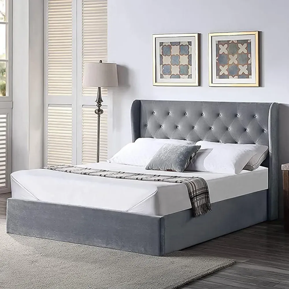 King Size Winged Headboard Ottoman Bed with Mattress - Grey, Velvet