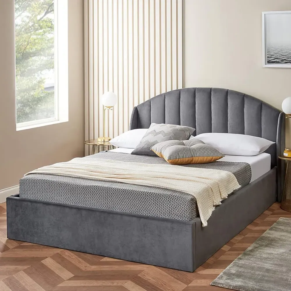 King Size Winged Headboard Ottoman Storage Bed Frame - Grey, Velvet