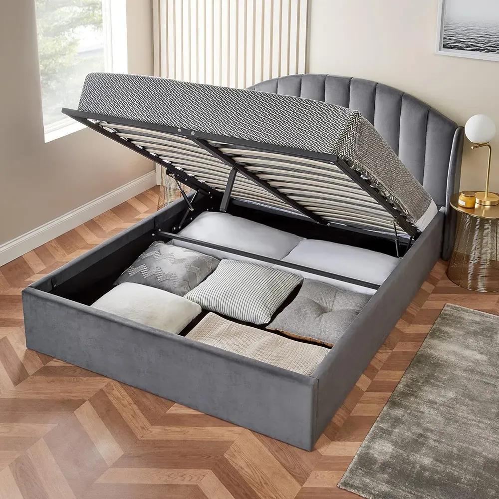 King Size Winged Headboard Ottoman Storage Bed with Mattress - Grey, Velvet