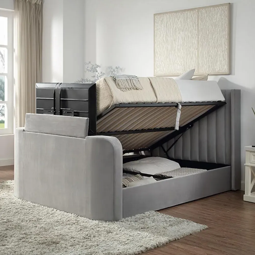 King Size Winged Panel Ottoman TV Bed - Grey, Velvet