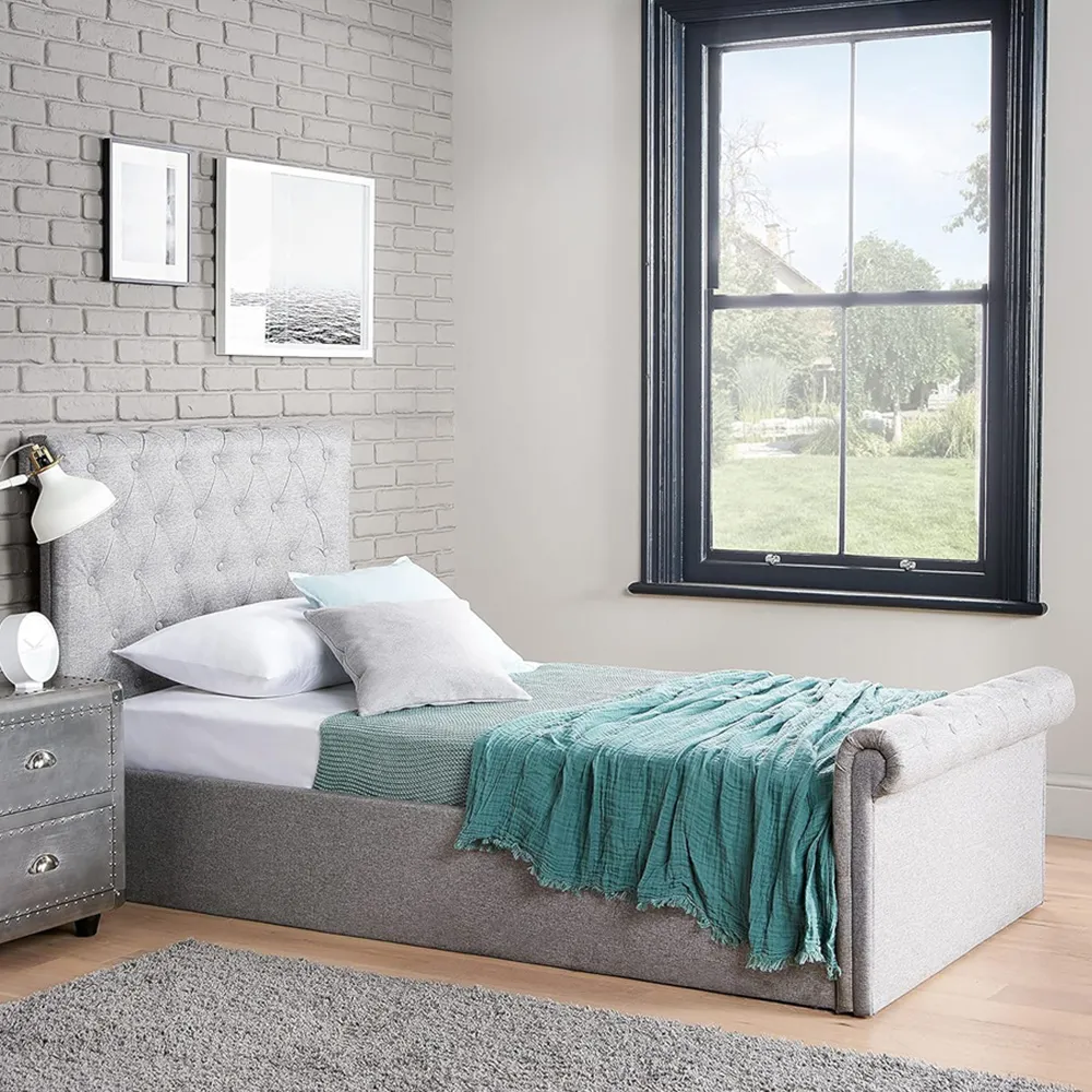 Single Sleigh Ottoman Bed with Mattress - Grey, Linen