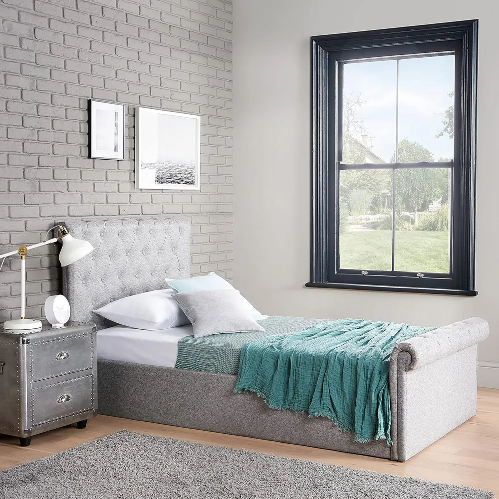 Single Sleigh Ottoman Bed with Storage - Grey, Linen image