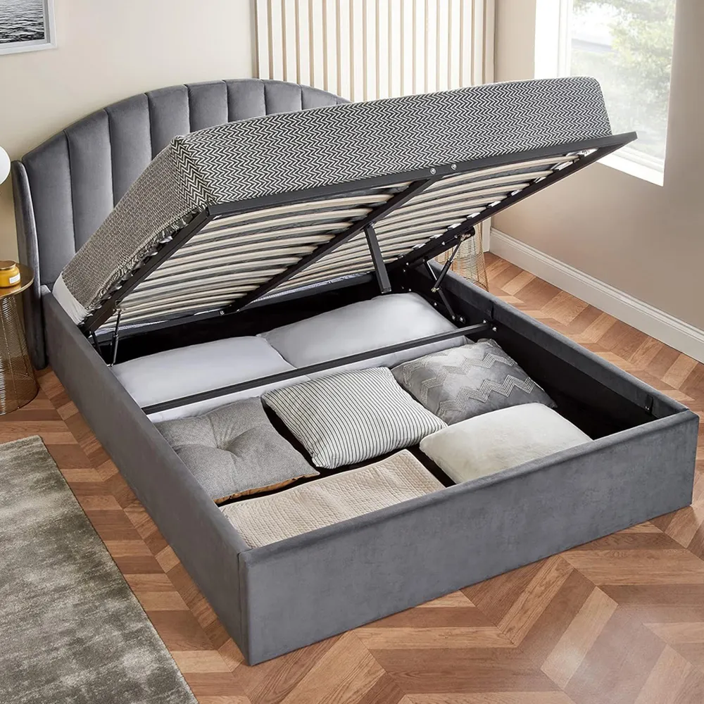 Single Velvet Winged Headboard Ottoman Storage Bed Frame - Grey