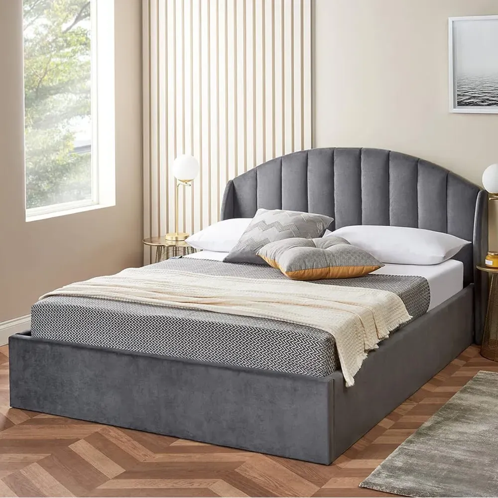Single Velvet Winged Headboard Ottoman Storage Bed Frame - Grey image