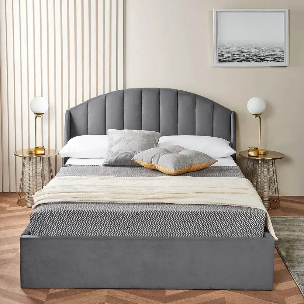 Single Velvet Winged Headboard Ottoman Storage Bed with Mattress - Grey