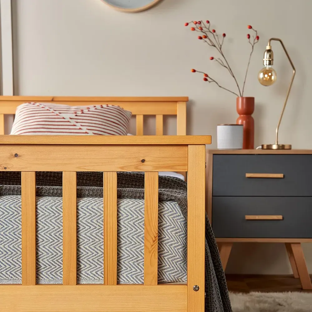 Single Wooden Bed Frame with Mattress - Brown, Pine