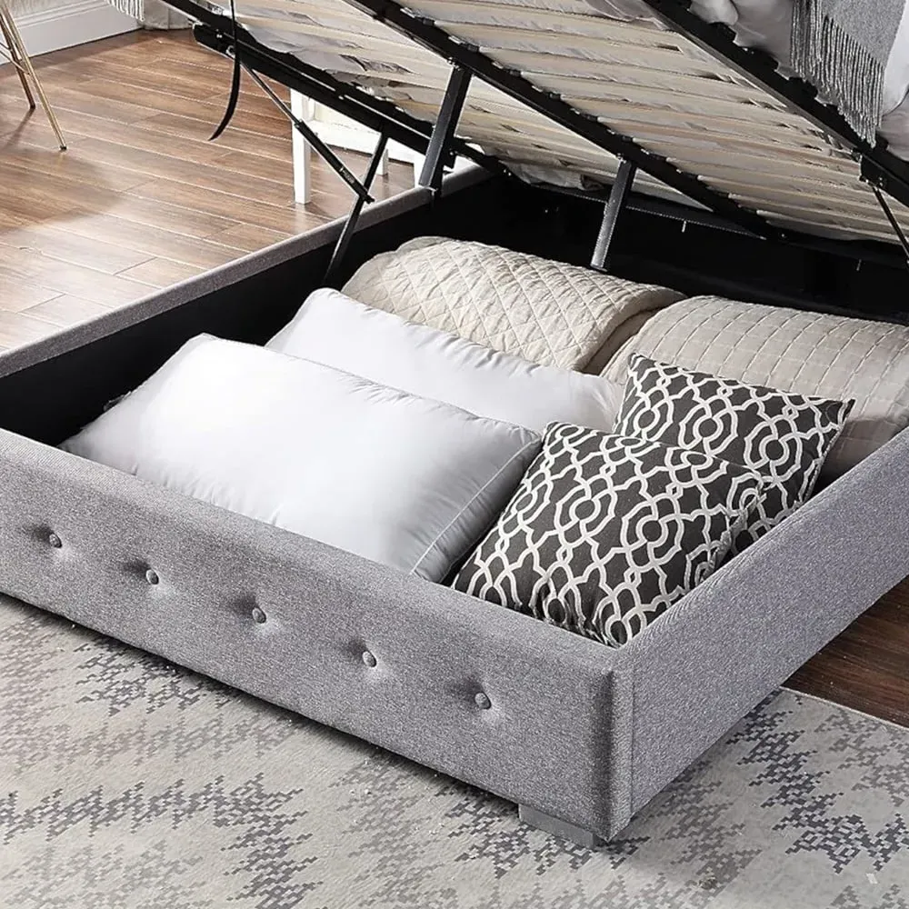 Small Double Ottoman Storage Bed - Grey, Linen