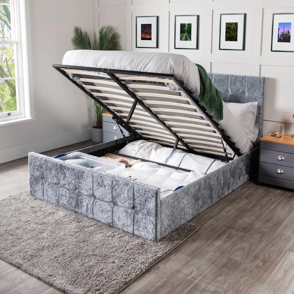 Small Double Ottoman Storage Bed - Silver, Crushed Velvet