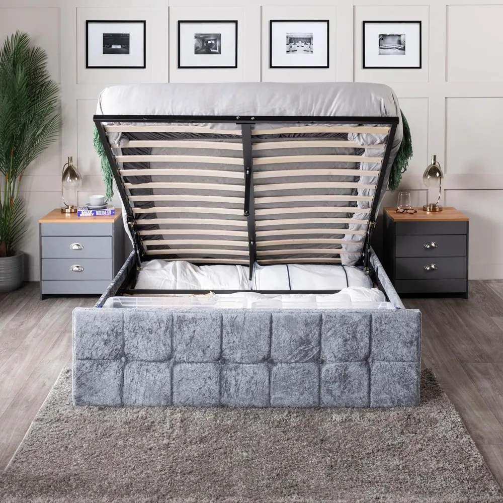 Small Double Ottoman Storage Bed - Silver, Crushed Velvet