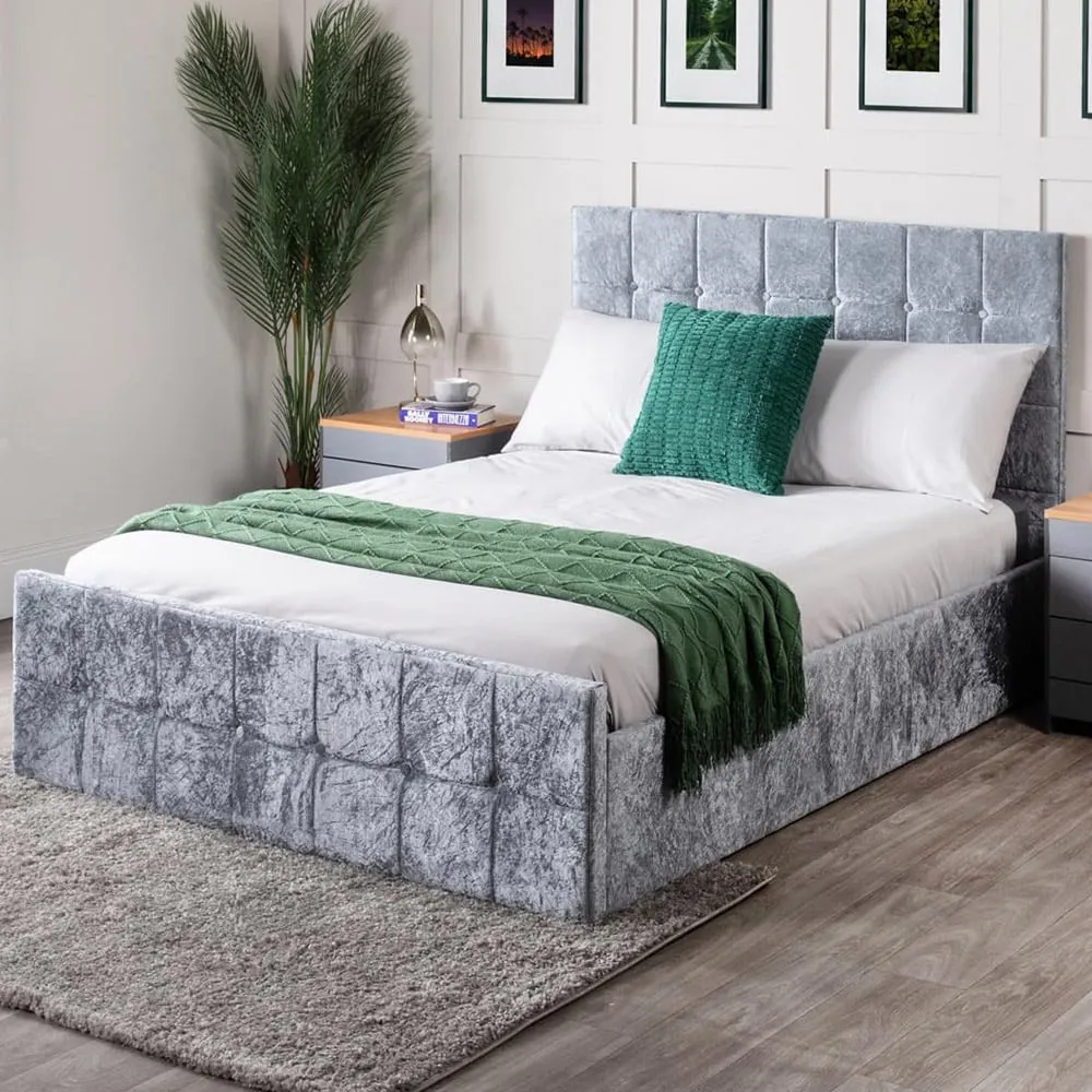 Small Double Ottoman Storage Bed - Silver, Crushed Velvet
