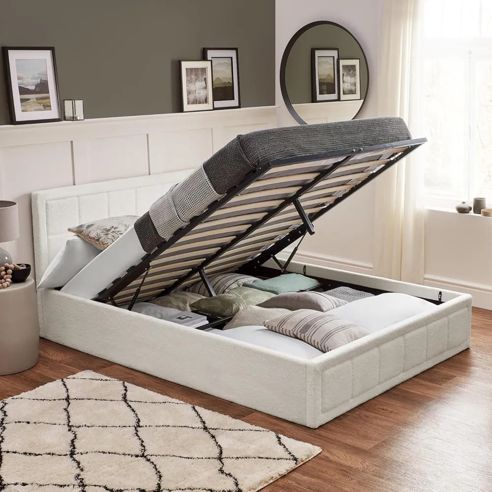 Small Double Ottoman Storage Bed with Gas Lift - White, Boucle