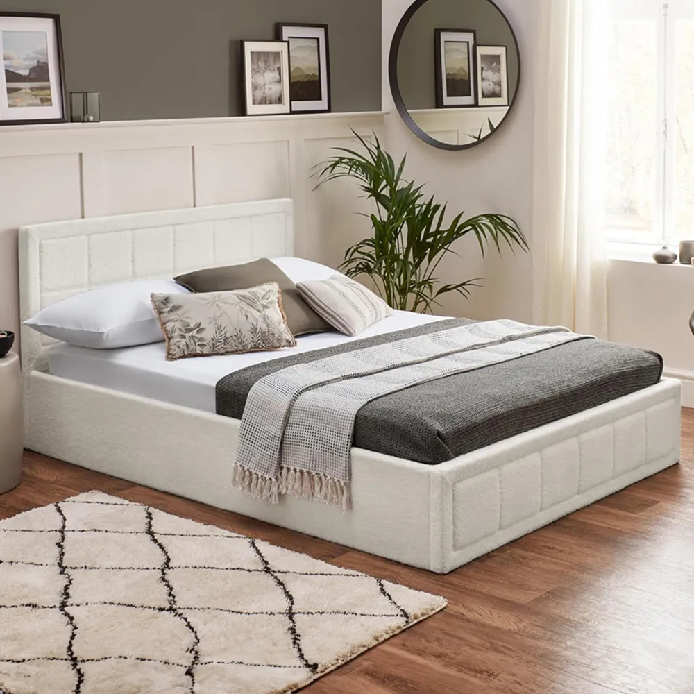 Small Double Ottoman Storage Bed with Gas Lift - White, Boucle
