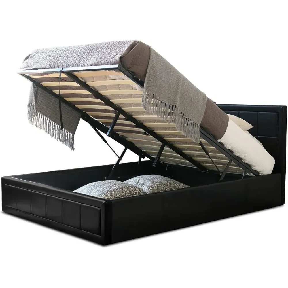 Small Double Ottoman Storage Bed with Mattress - Black, Faux Leather