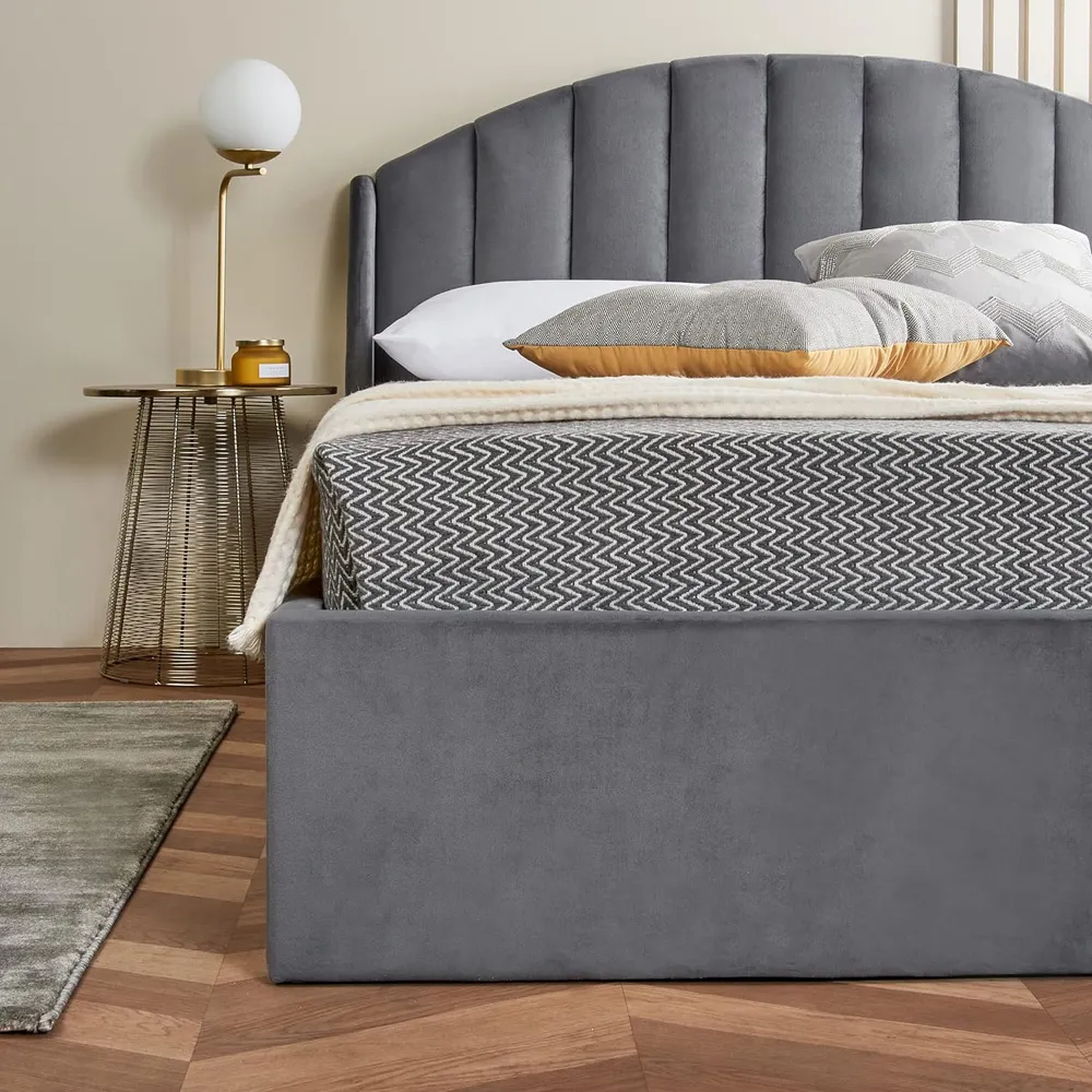 Small Double Winged Headboard Ottoman Storage Bed with Mattress - Grey, Velvet