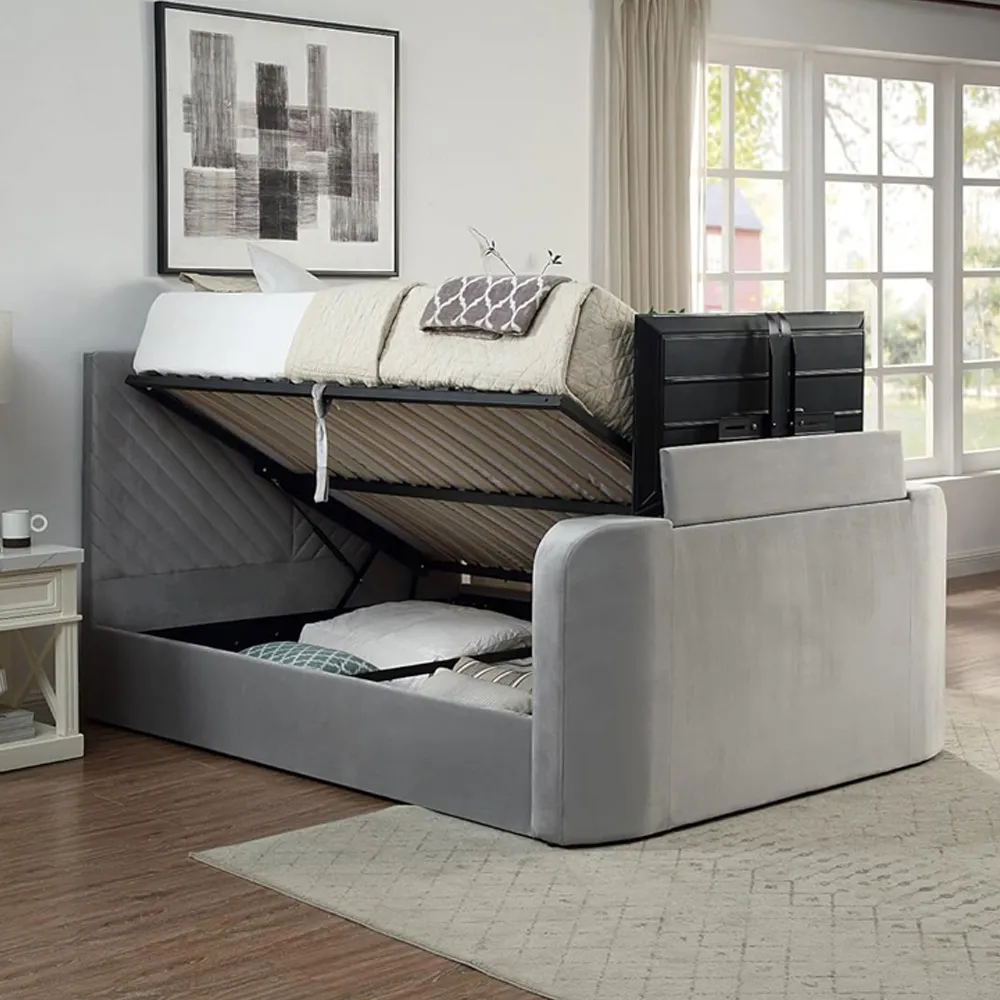 Super King Size Ottoman TV Bed with Storage - Grey, Velvet