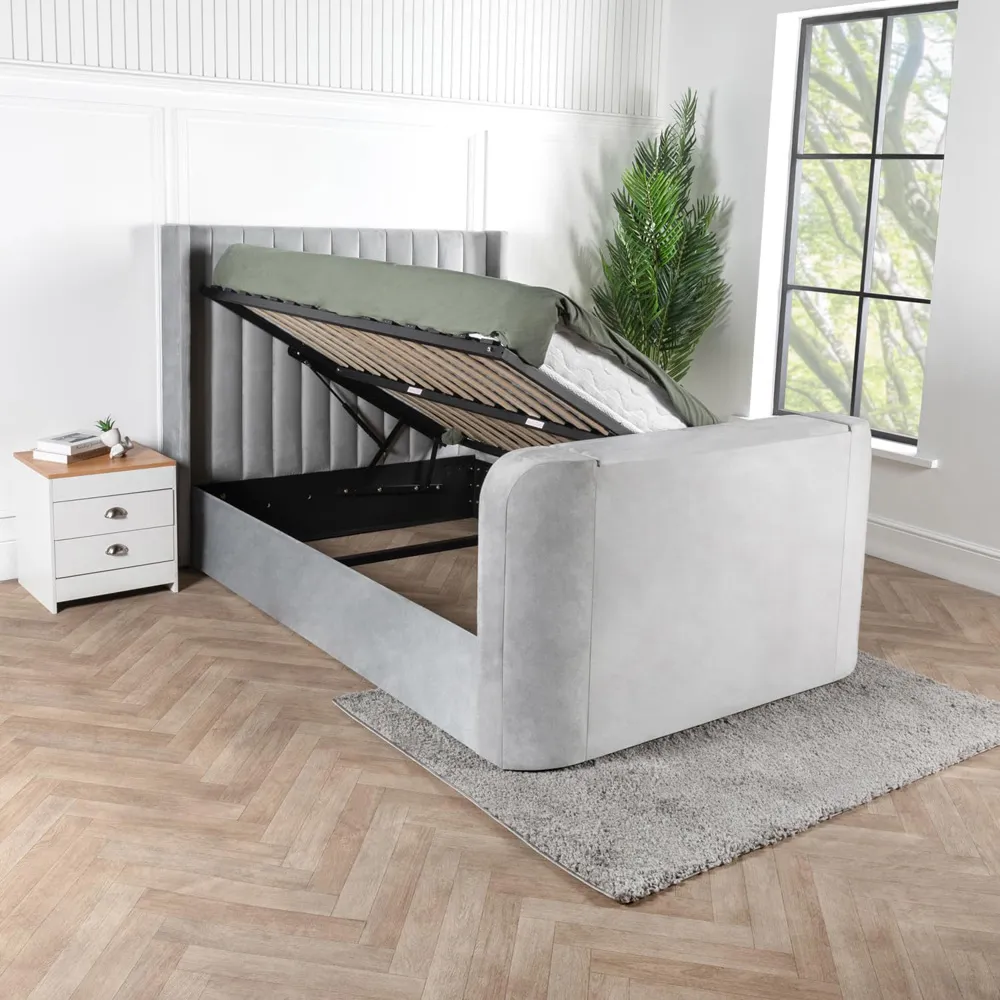 Super King Size Ottoman TV Bed with Winged Headboard - Grey, Velvet