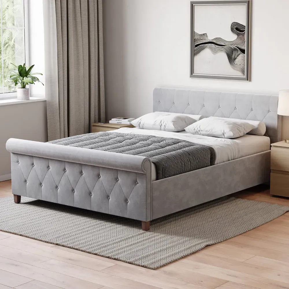 Vittorio Double Bed Frame - Grey, Velvet