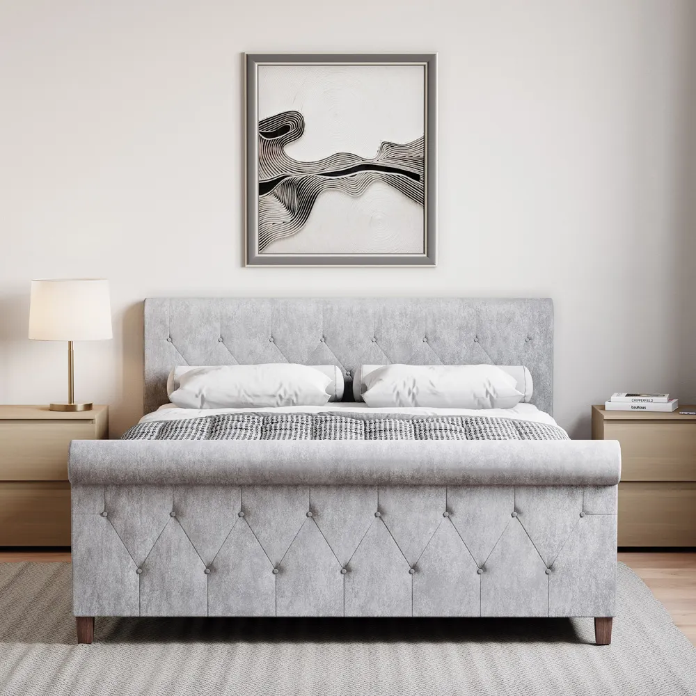 Vittorio King Size Bed Frame - Silver, Crushed Velvet