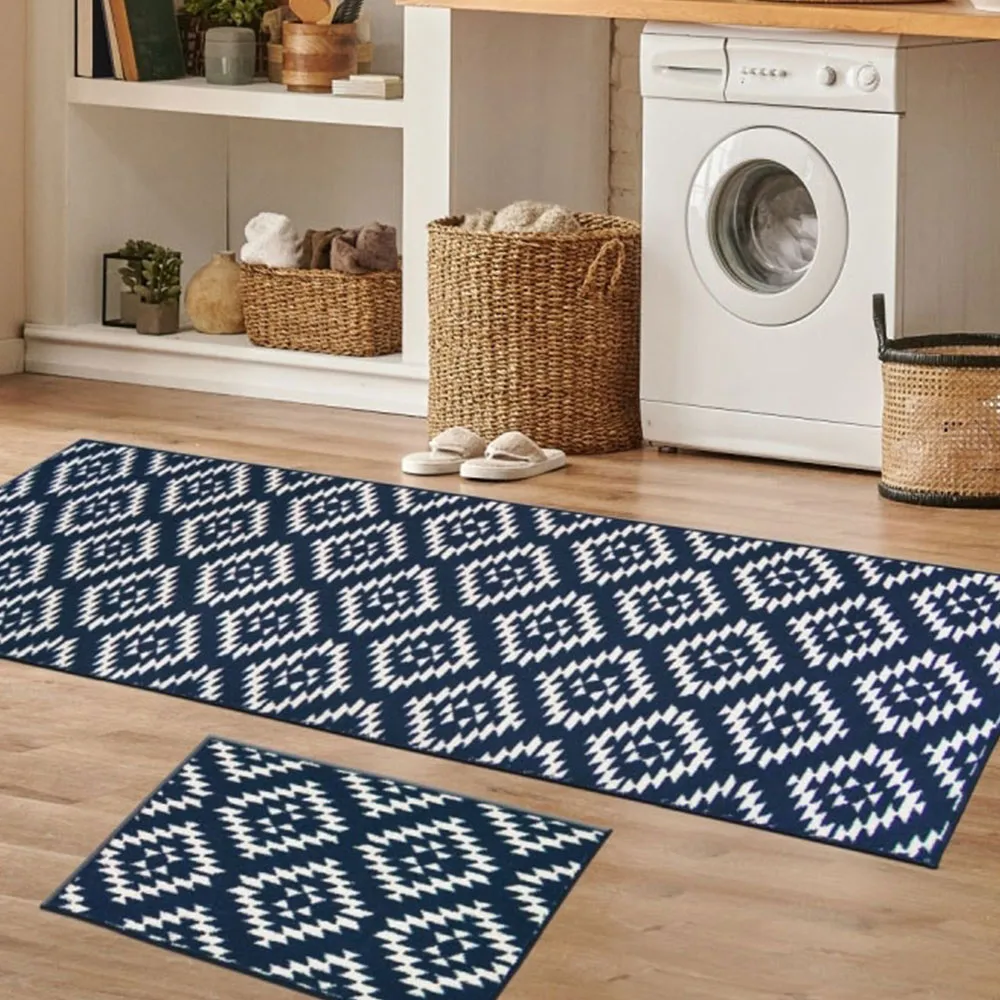 Aztec Mat and Runner Set with Non-Slip Backing - Blue