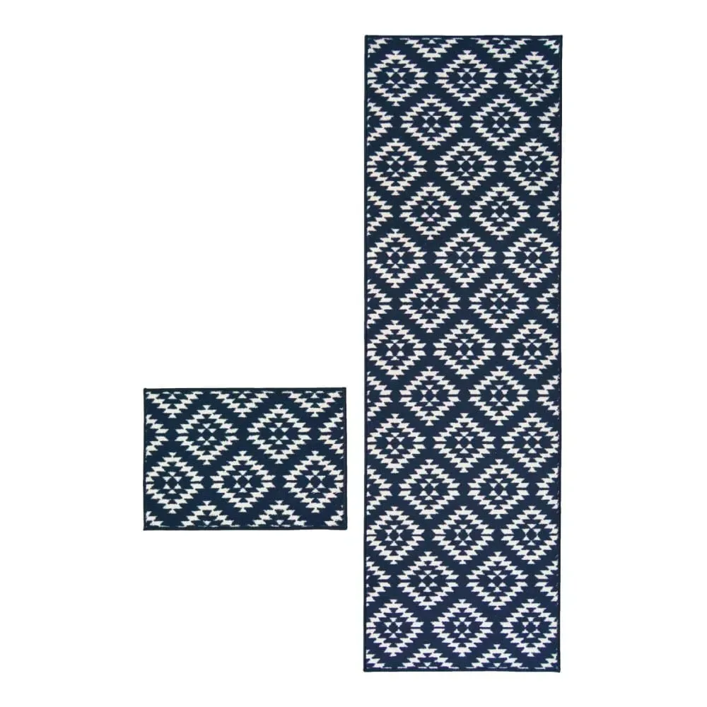 Aztec Mat and Runner Set with Non-Slip Backing - Blue