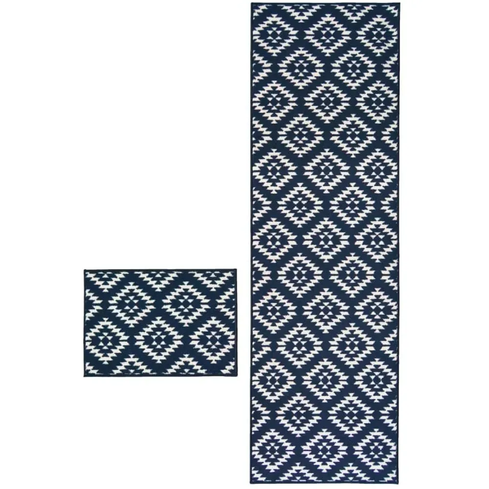 Aztec Mat and Runner Set with Non-Slip Backing - Blue image