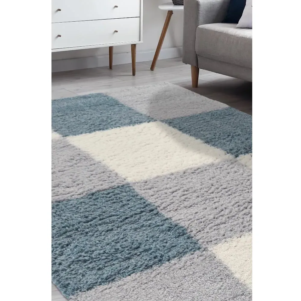 Blocks Snug Shaggy Rug - Blue, Polyester