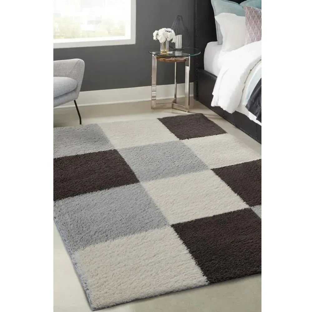 Blocks Snug Shaggy Rug - Grey, Polyester