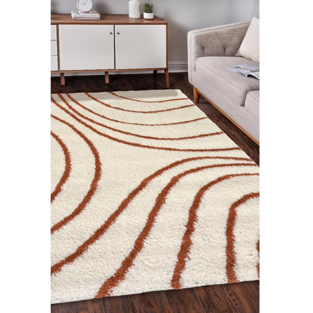 Ivory and Terracotta Isobar Shaggy Rug - Multi, Polyester
