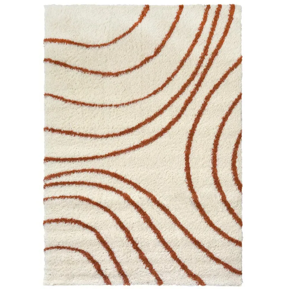 Ivory and Terracotta Isobar Shaggy Rug - Multi, Polyester