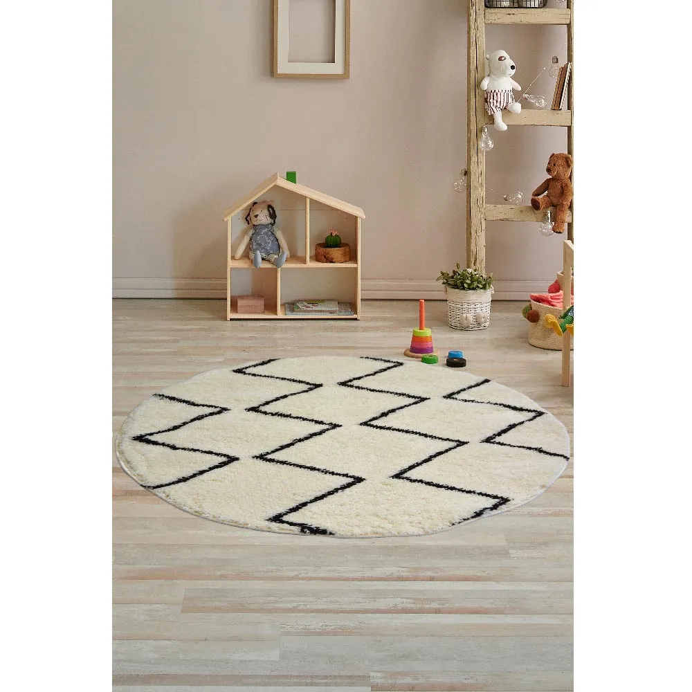 Zig-Zag Round Shaggy Rug - Multi, Polyester