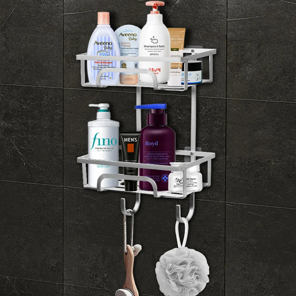 2-Tier Adhesive Shower Caddy with Hooks - Silver