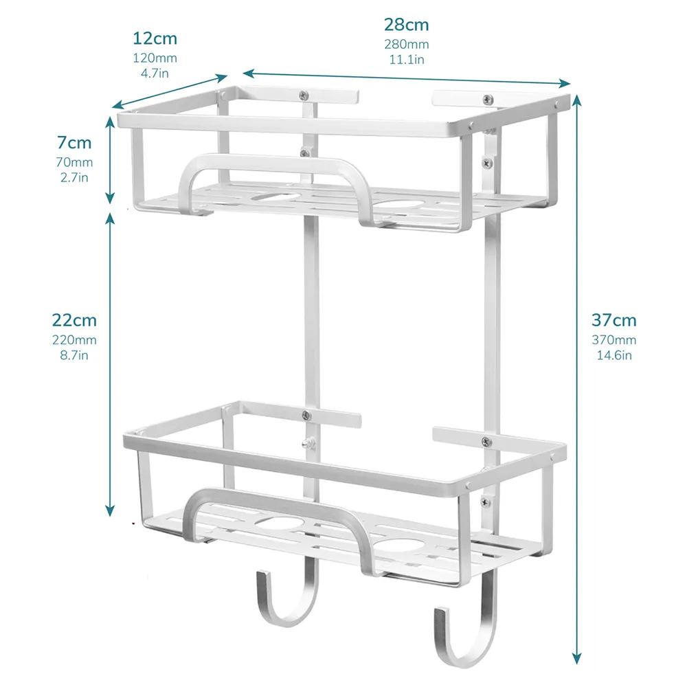 2-Tier Adhesive Shower Caddy with Hooks - Silver
