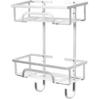 2-Tier Adhesive Shower Caddy with Hooks - Silver