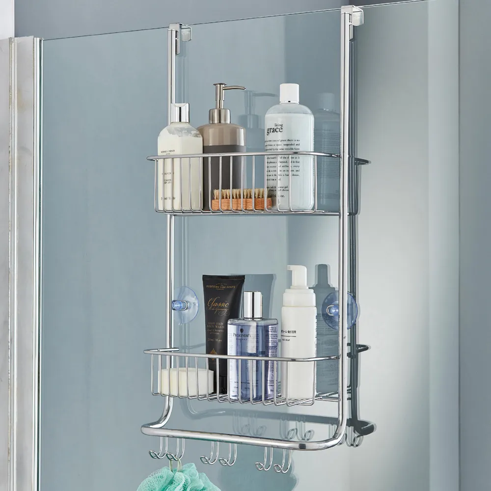 2-Tier Over Door Shower Caddy with Hooks - Silver, Steel