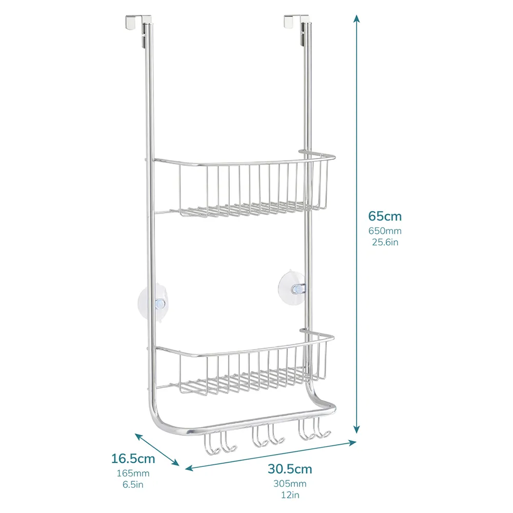 2-Tier Over Door Shower Caddy with Hooks - Silver, Steel