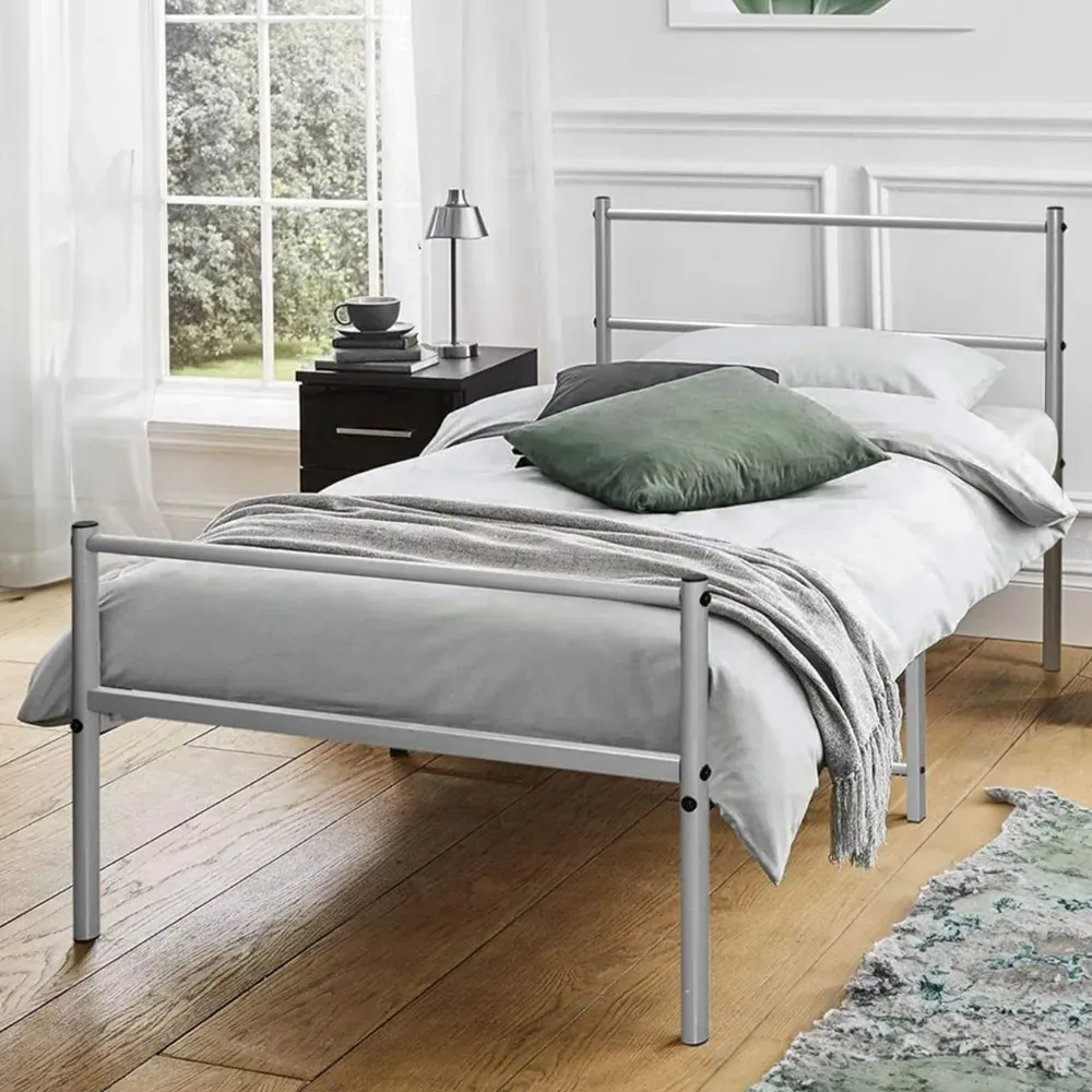 Single Bed Frame with Rounded Headboard - Silver, Metal