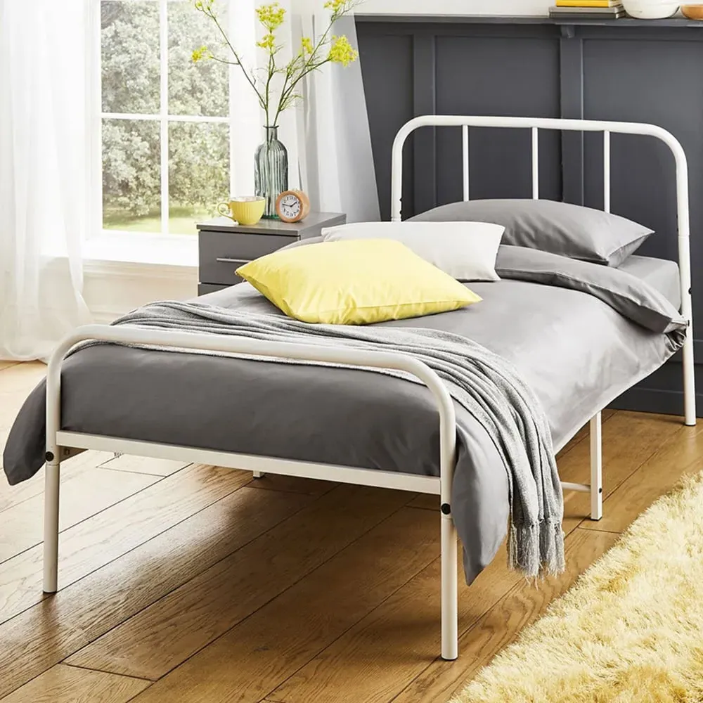 Single Bed Frame with Rounded Headboard - White, Metal