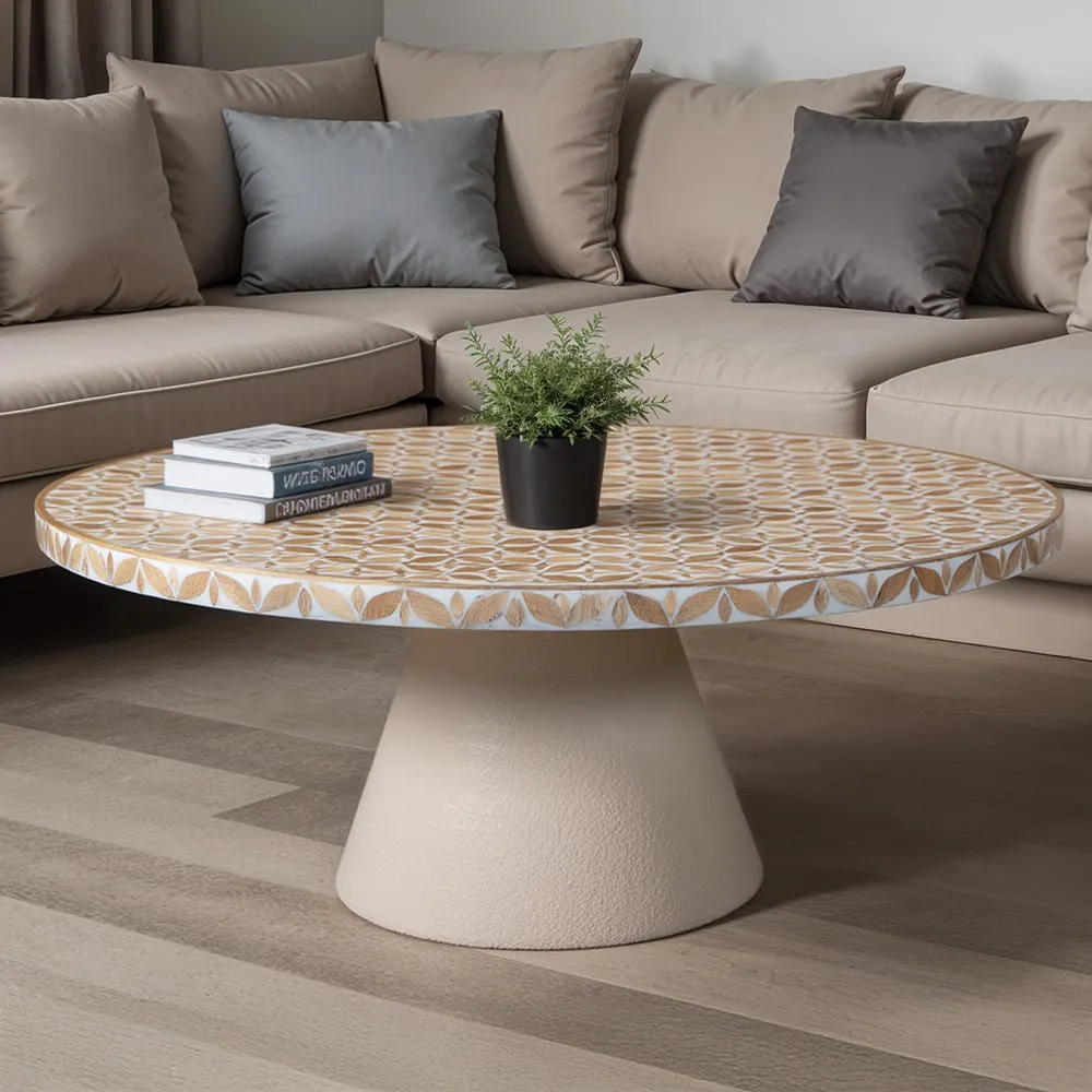 Acacia Wood Inlay Floral Round Coffee Table - Brown