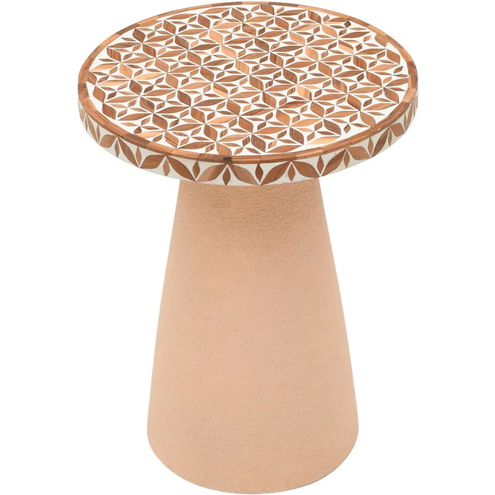 Acacia Wood Inlay Floral Round Side Table - Brown