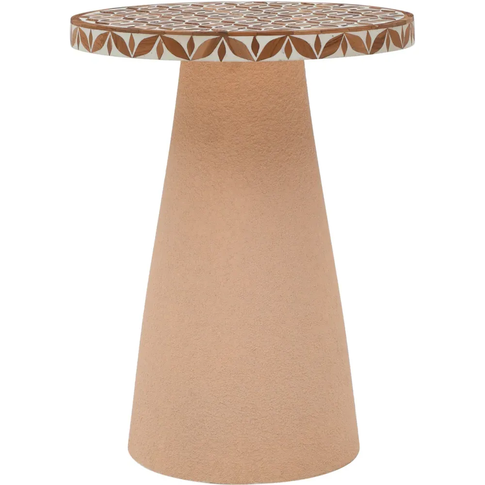 Acacia Wood Inlay Floral Round Side Table - Brown