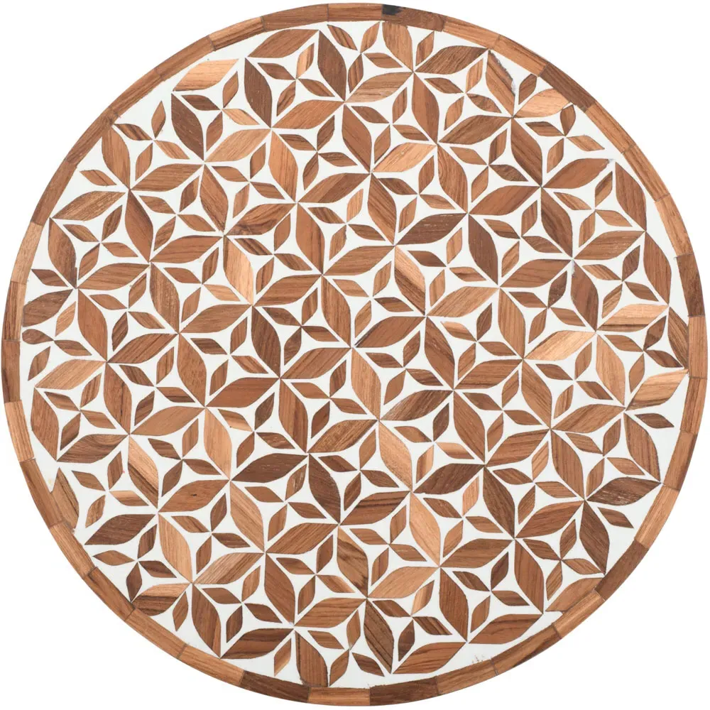 Acacia Wood Inlay Floral Round Side Table - Brown