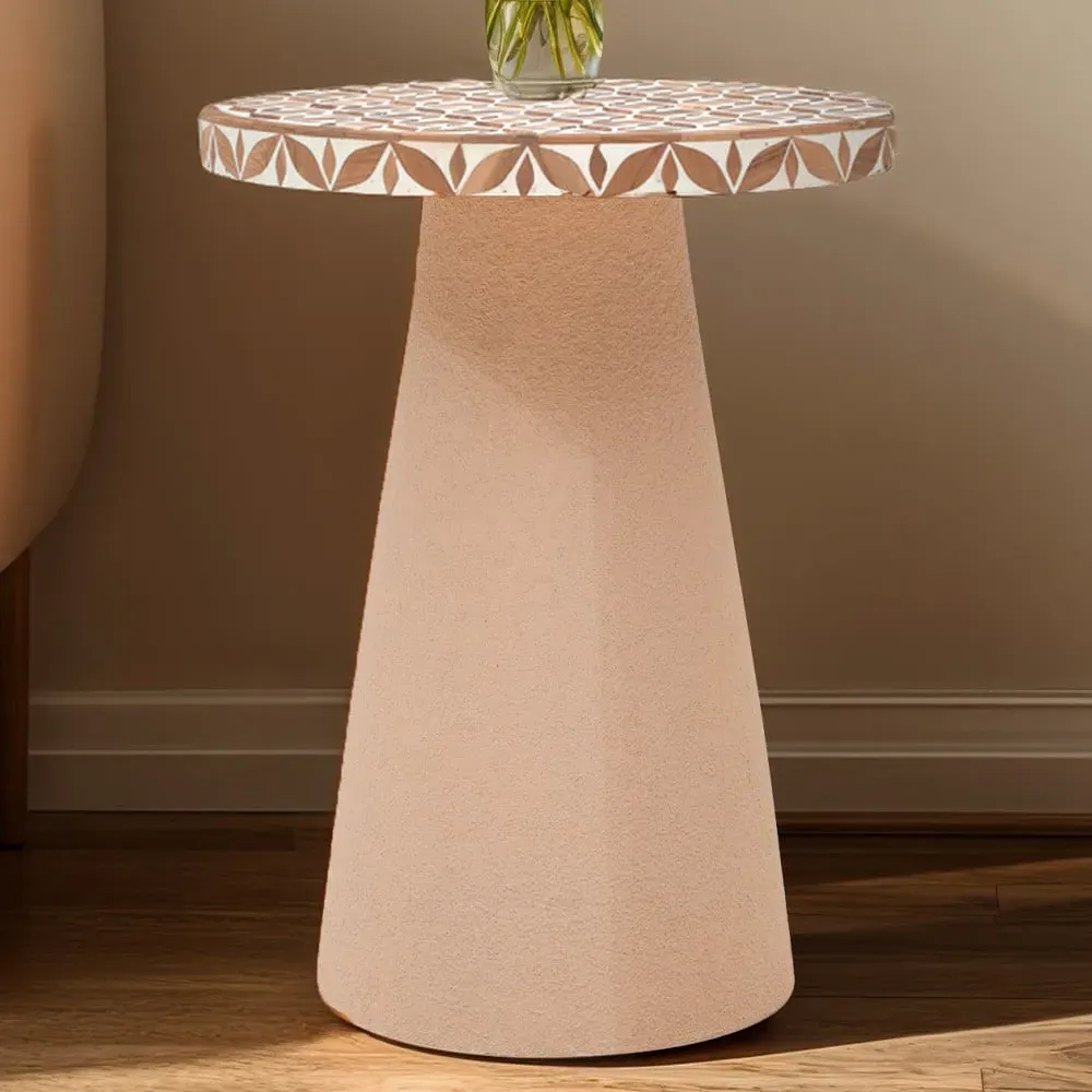 Acacia Wood Inlay Floral Round Side Table - Brown image