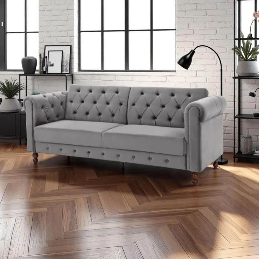 Royal Chesterfield 3-Seater Sofa Bed - Grey, Velvet