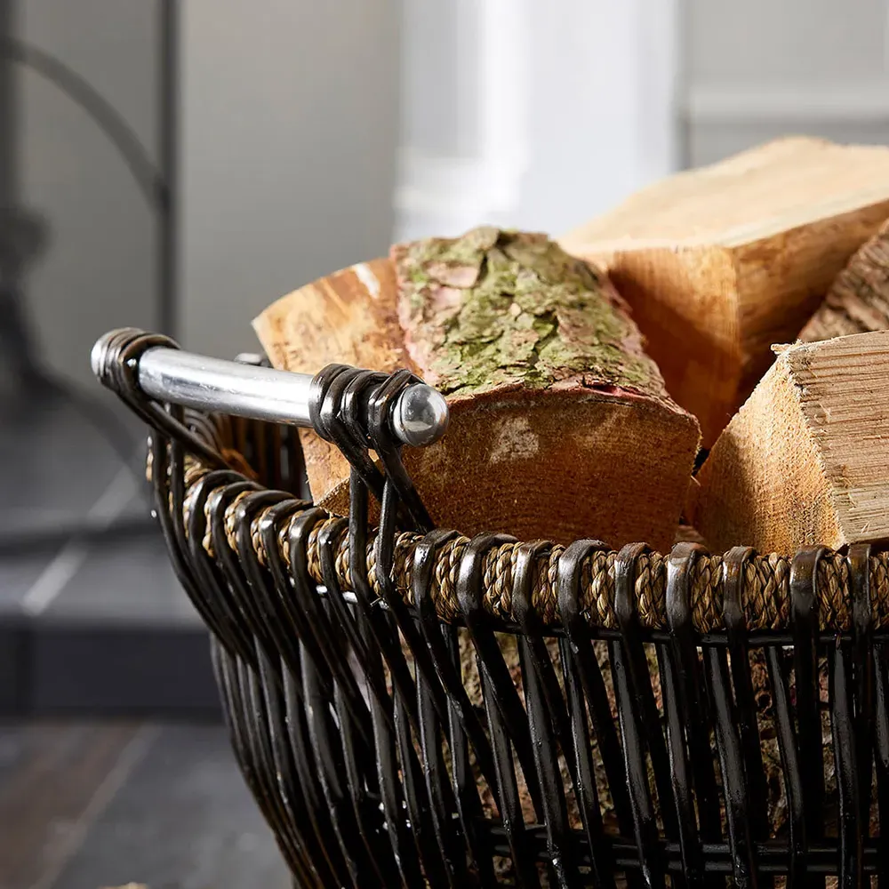 Round Wicker Log Basket with Chrome Handles - Brown