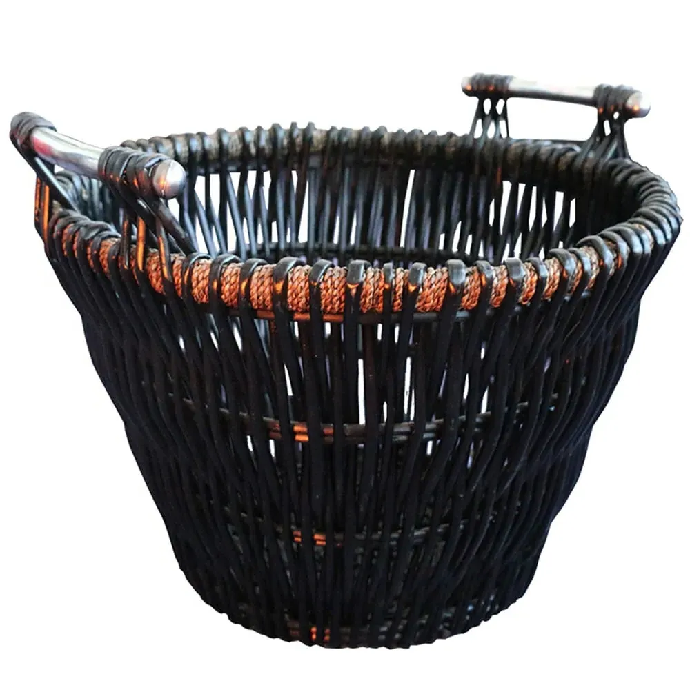 Round Wicker Log Basket with Chrome Handles - Brown