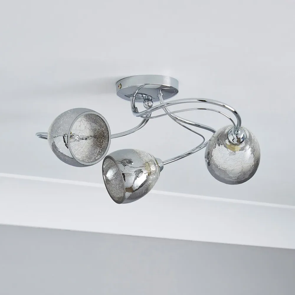 Swirly 3 Light Ceiling Flush Light - Chrome, Crackle Glass