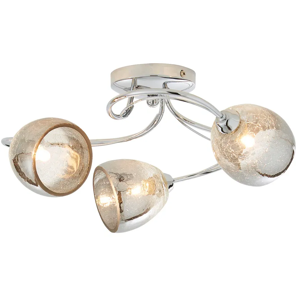 Swirly 3 Light Ceiling Flush Light - Chrome, Crackle Glass