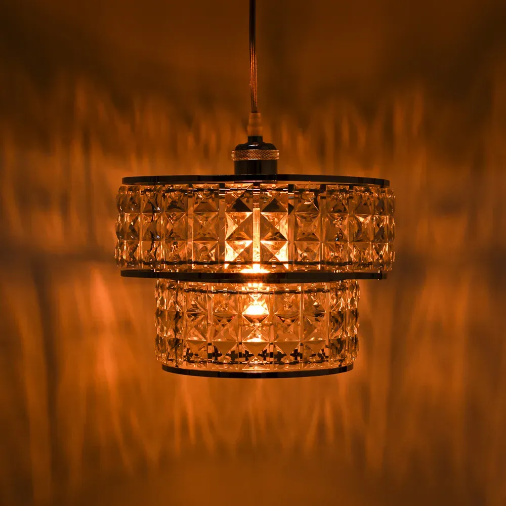 2 Tier Chrome Sparkly Acrylic Drum Lamp Shade - Clear