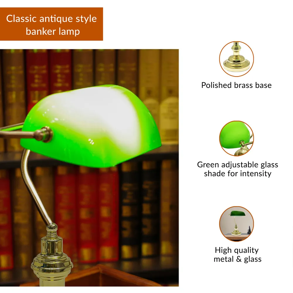 Bankers Desk Lamp - Green, Brass
