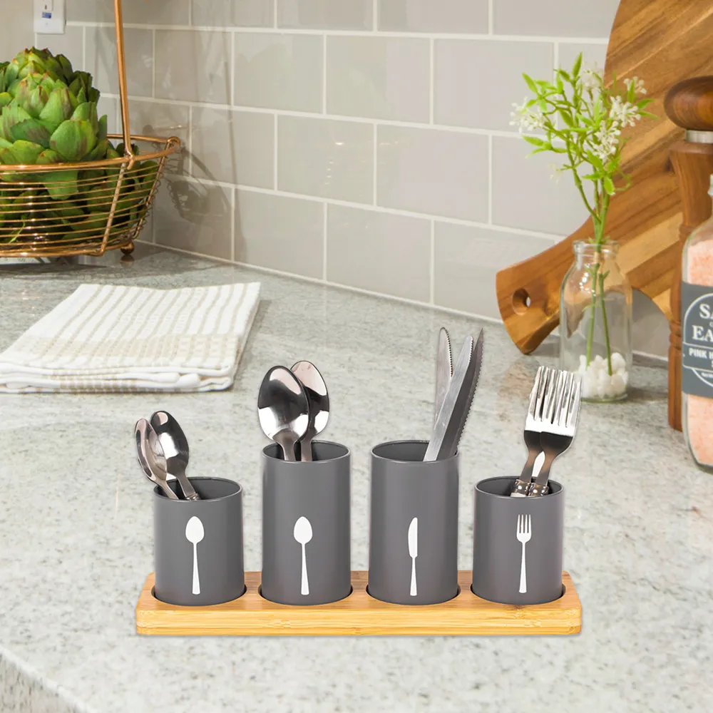 Essentials 4 Piece Kitchen Cutlery Holder Set - Grey, Bamboo